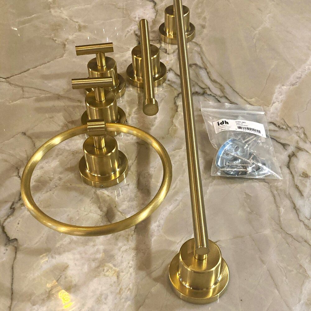Kingston Concord Brushed Brass Bath Set 18” Towel Bar, Ring, Hooks, Toilet Paper